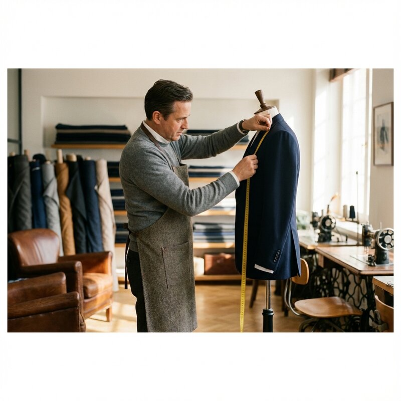 Master tailor at work measuring a suit